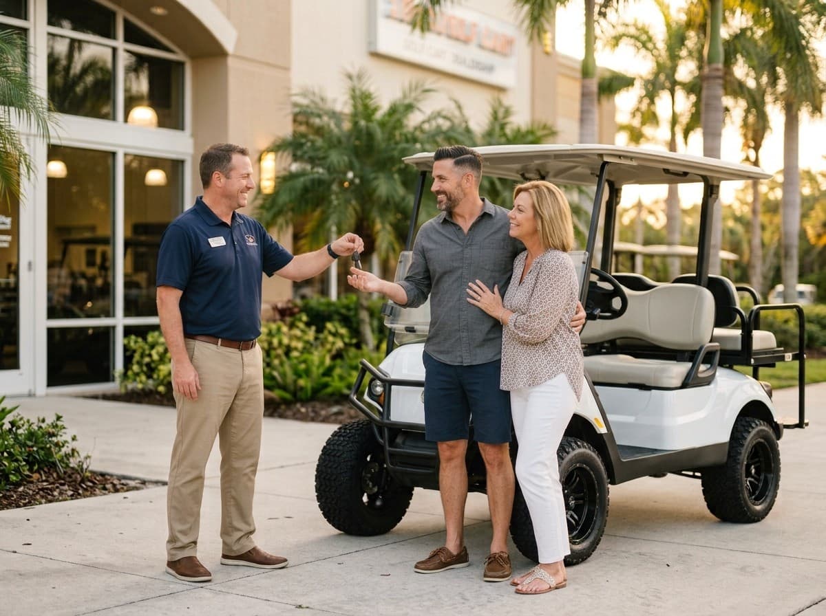 A salesperson handing keys to a happy couple beside their new lifted golf cart outside the showroom at golden hour