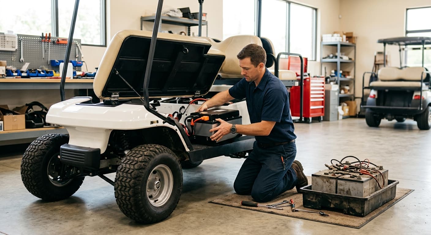 A service technician lowering a new lithium battery pack into a golf cart battery bay