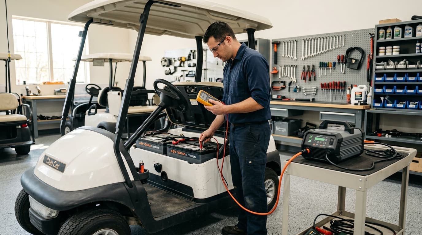 A service technician verifying a newly installed lithium pack with a multimeter, charger connected