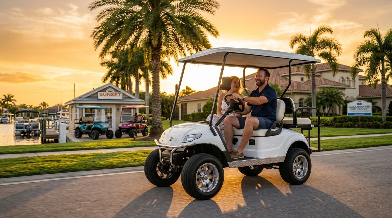 A happy couple driving their new white golf cart down a palm-lined street at golden hour