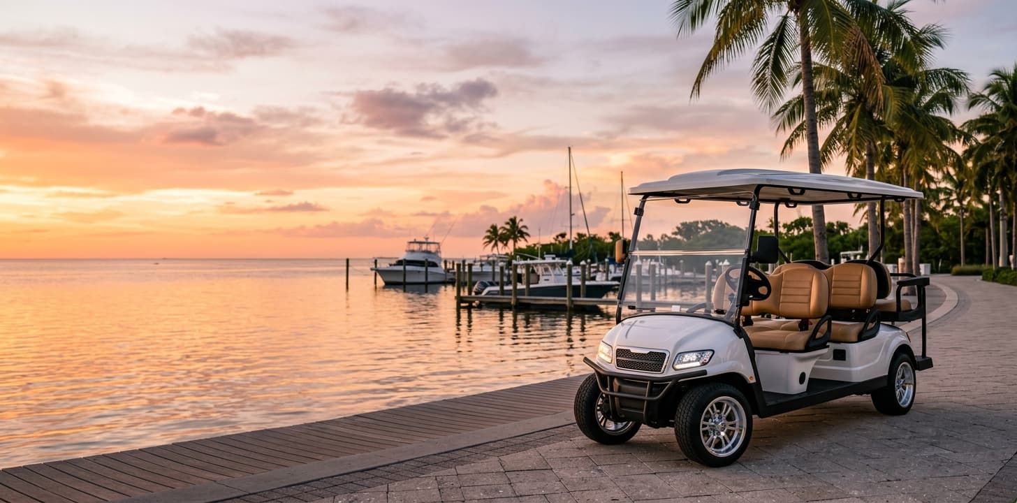 White six-seat EPIC golf cart parked on a marina quay at golden hour