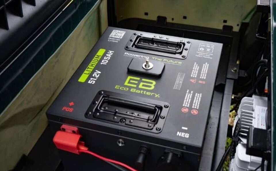 Close-up of a 51.2V lithium Eco Battery pack installed in an Icon golf cart