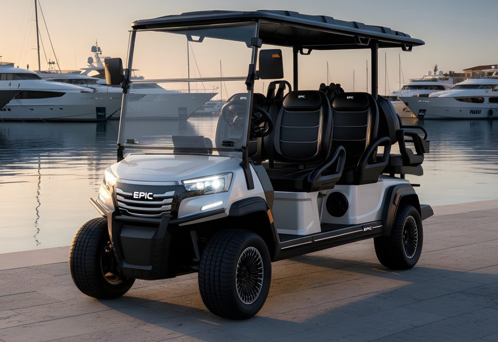 White EPIC six-seat electric golf cart parked on a marina quay at golden hour with yachts and calm Gulf water behind