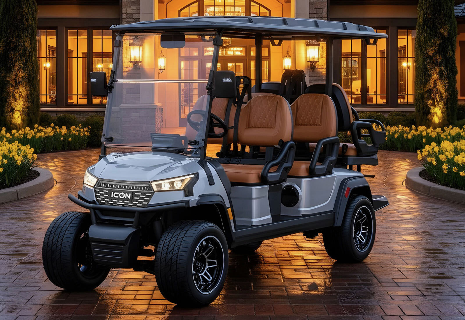 2026 ICON i60LX six-seat luxury golf cart in silver with brown calfskin seats