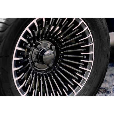 Close-up of Epic E40FX premium black alloy wheels – ICON street-legal golf cart performance tires