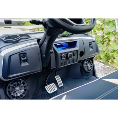 Epic E40FX digital dashboard with marine-grade speakers and dual pedal system – ICON golf cart interior upgrades Tampa Bay