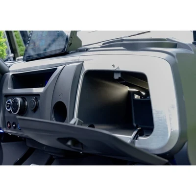 Passenger-side glove compartment open with ambient lighting – Epic E40FX golf cart comfort features for night visibility