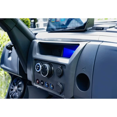 ICON Epic E40FX electric cart dash with climate knobs and touchscreen holder – street-legal golf cart tech features in Tampa